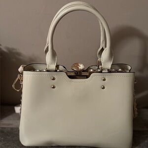 Ivory Structured Satchel with Gold Accents